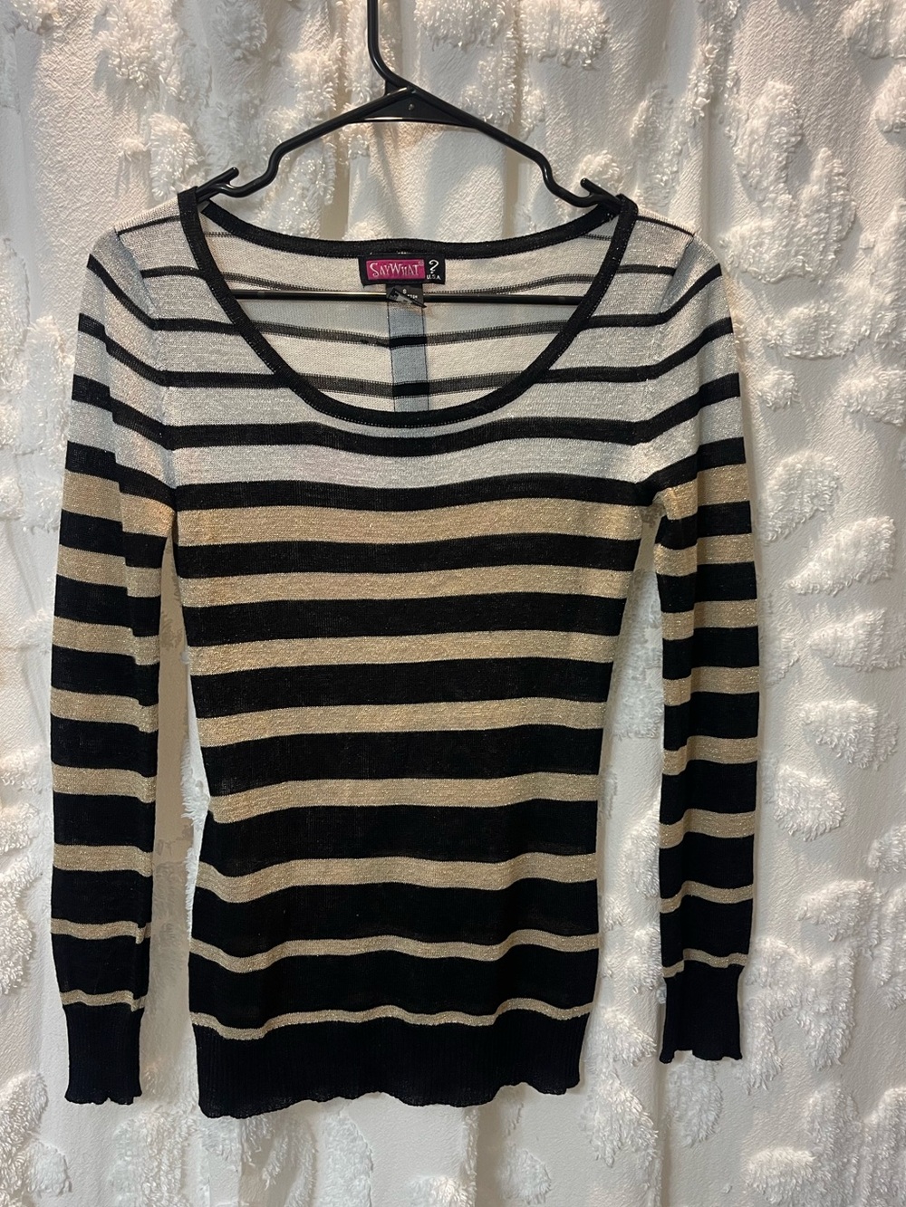Vintage Y2K Say What? black white and gold striped long sleeve top